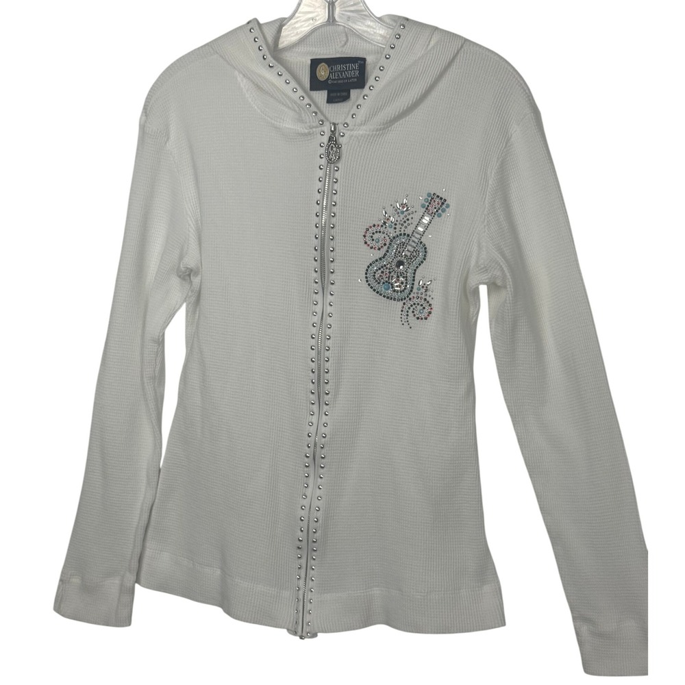 Christine Alexander White Waffle Knit Guitar Rhinestone Zip Up Hoodie Jacket L